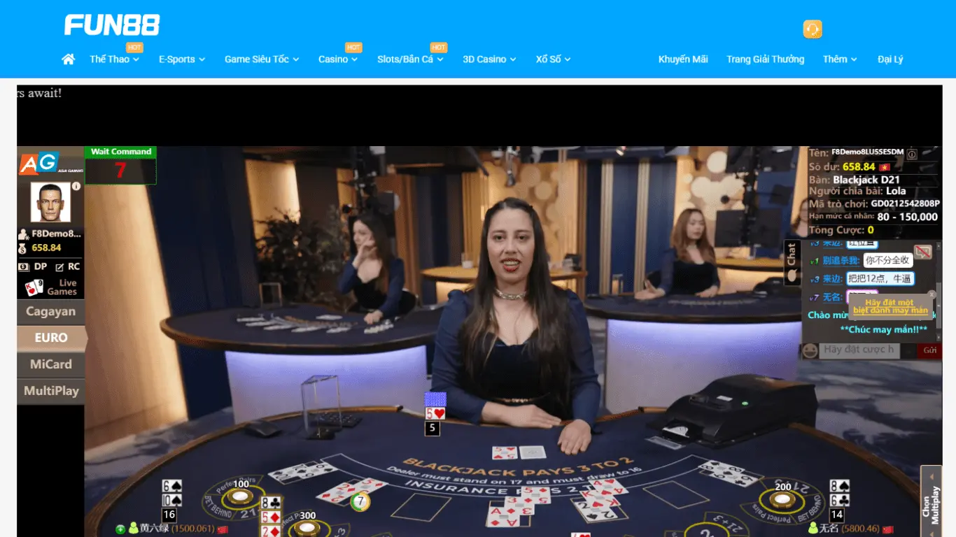 Giao diện Blackjack tại FUN88