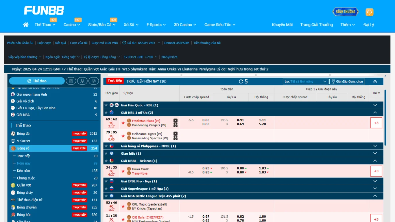 Giao diện soi kèo cá cược bóng rổ tại FUN88