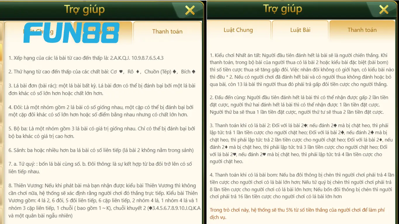Phướng thức thanh toán và luật riêng tiến lên tại FUN88