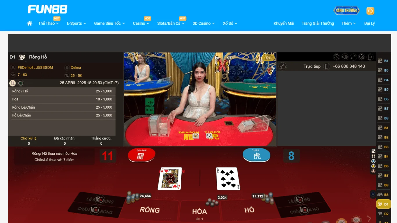 Giao diện Dragon and Tiger tại FUN88