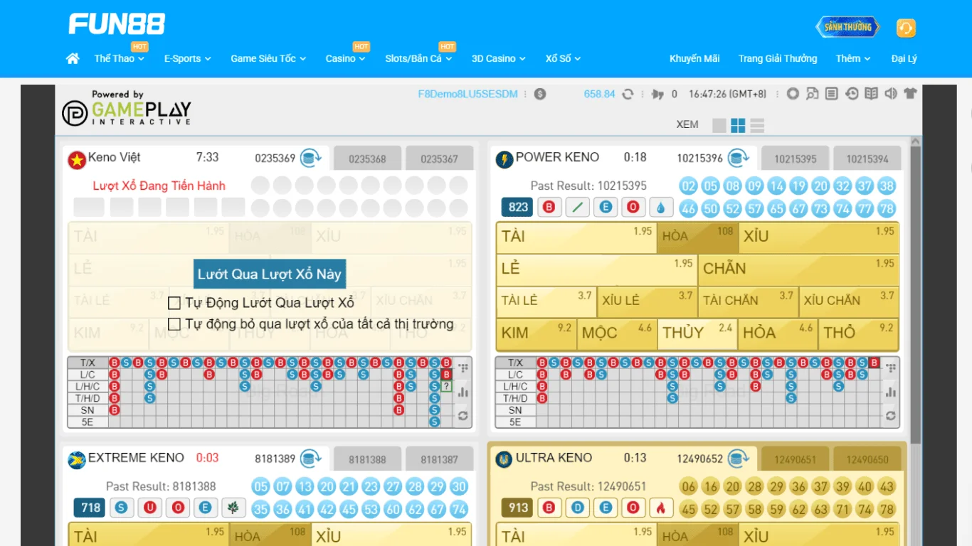 Giao diện Keno trực tuyến tại FUN88
