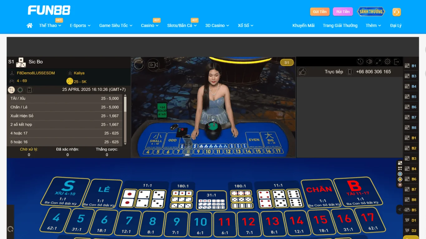 Giao diện chơi Sicbo trực tuyến tại FUN88