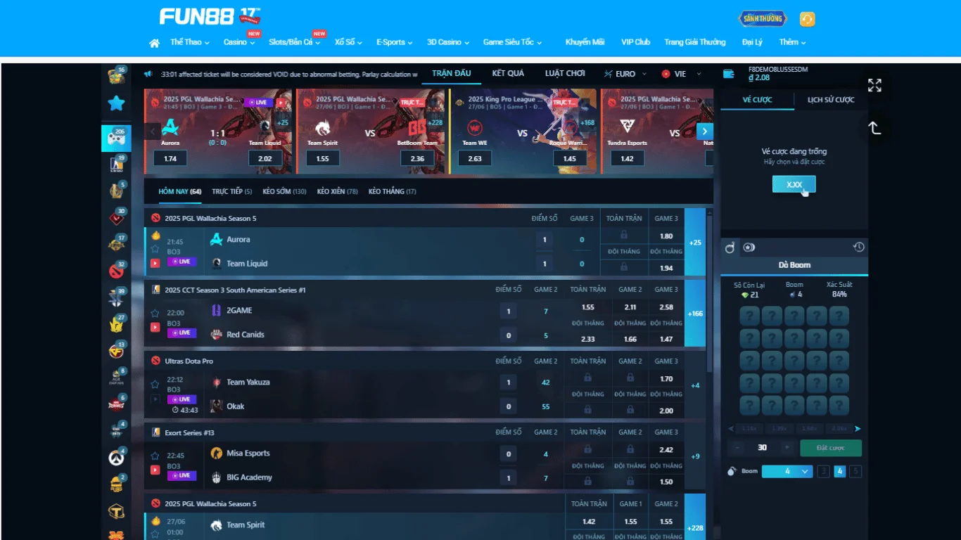 Giao diện cá cược Liên Quân tại FUN88
