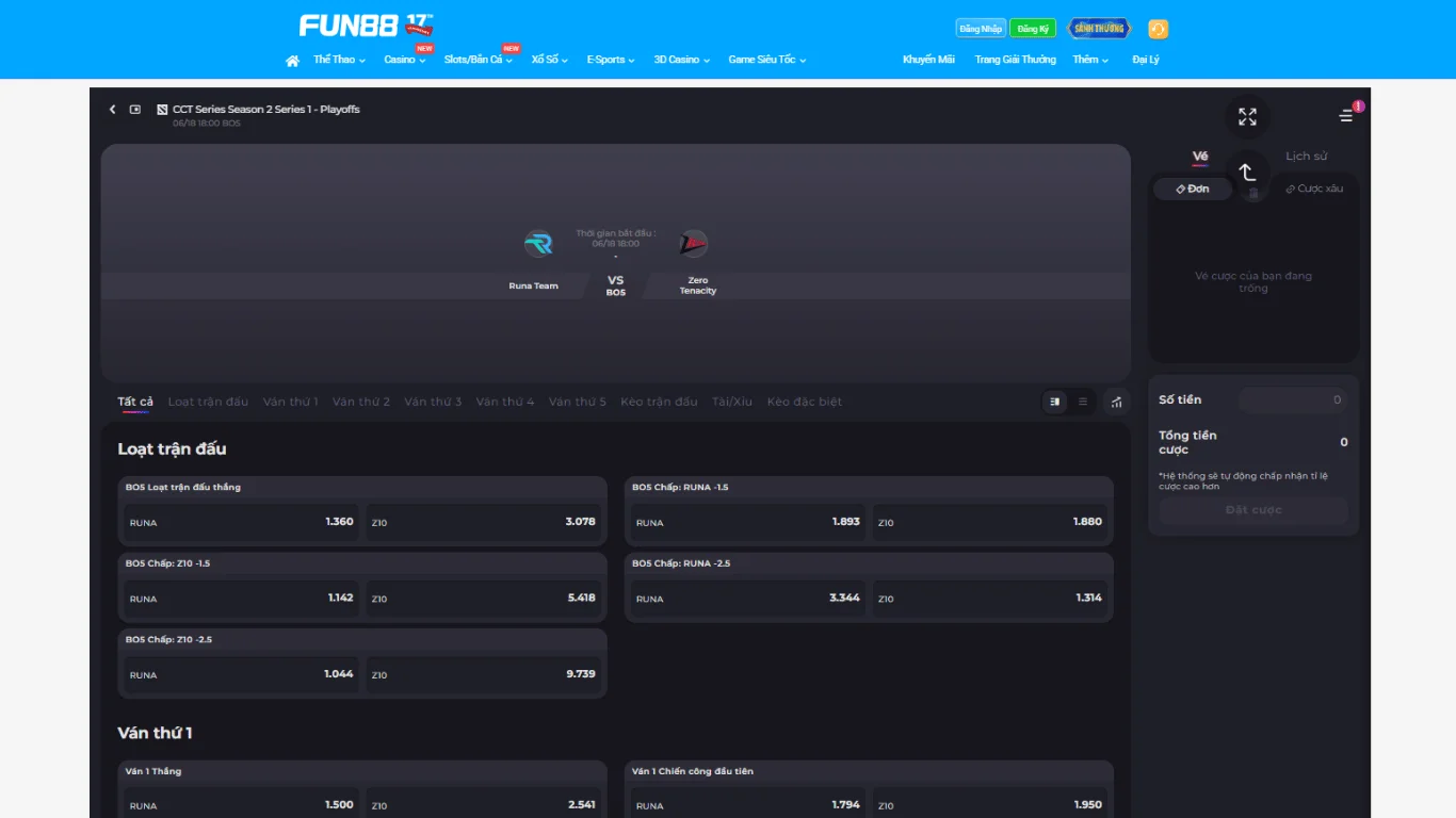 Giao diện chơi cá cược DOTA 2 tại FUN88