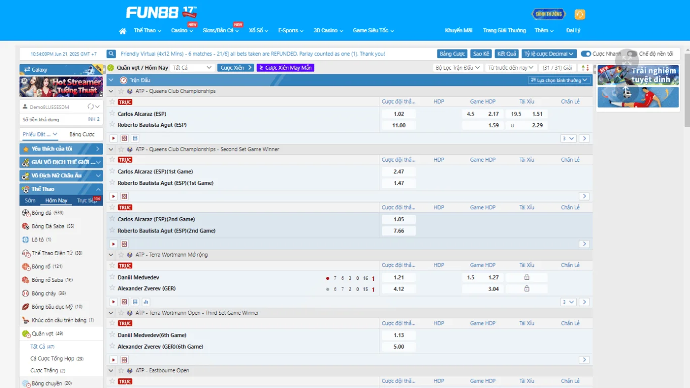 Giao diện cược tennis tại FUN88