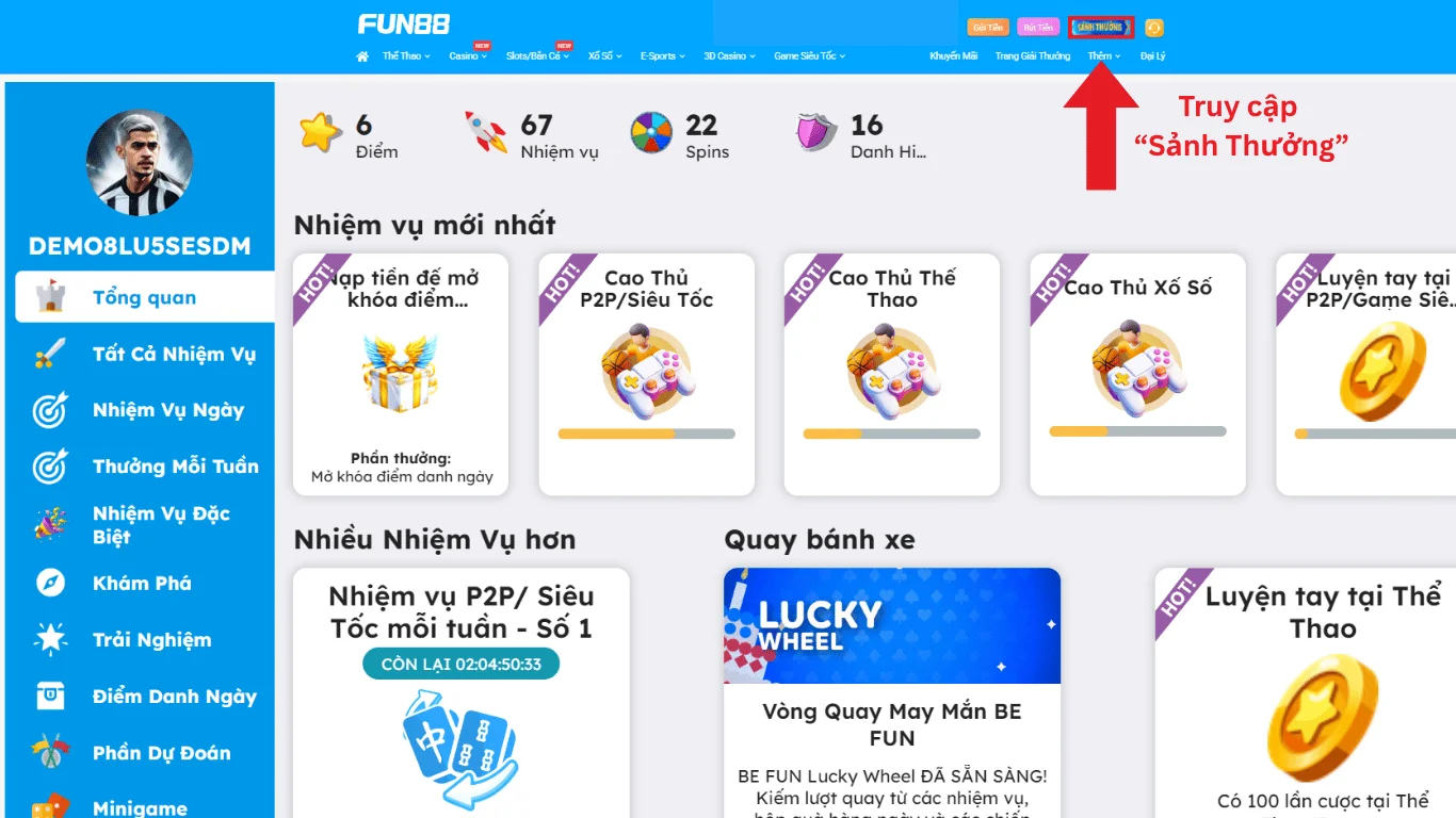 Truy cập mục “Sảnh thưởng” để tham gia