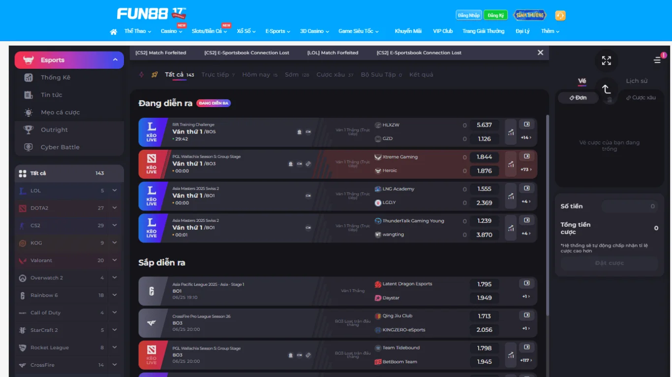 Giao diện cá cược các trận EWC tại FUN88