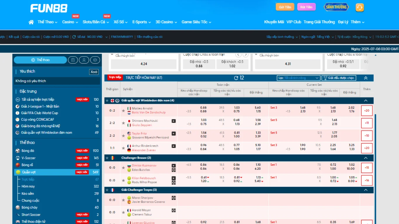 Giao diện cá cược tennis tại FUN88