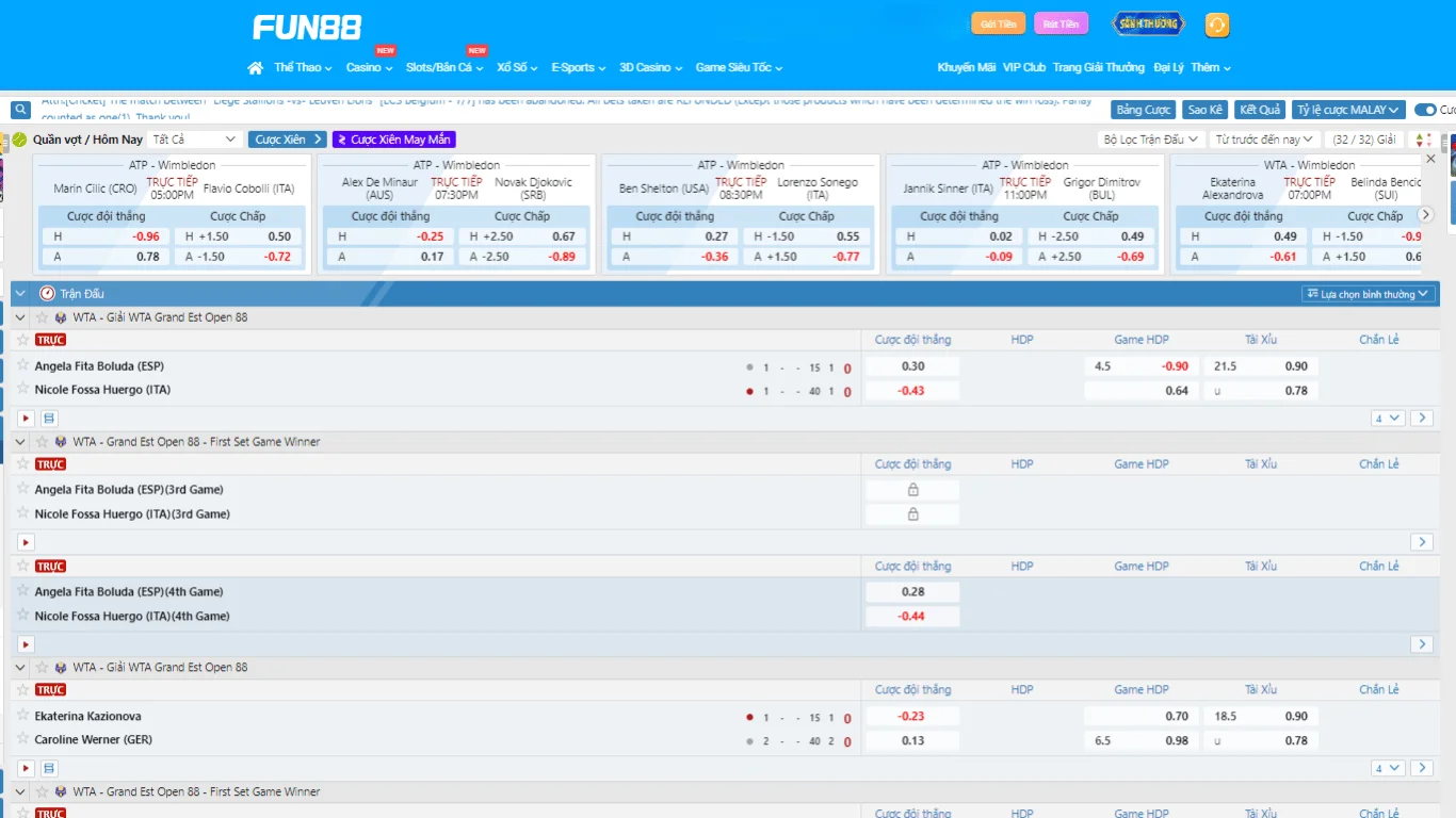Giao diện soi kèo trực tiếp các trận tennis tại FUN88