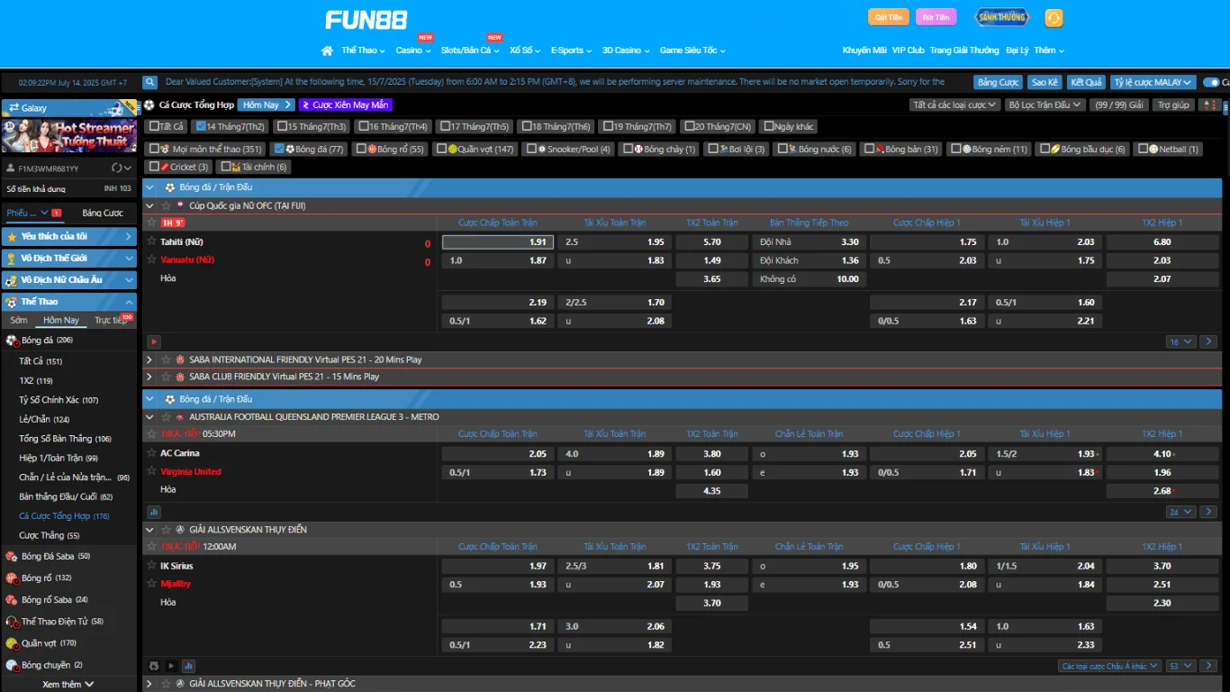Giao diện tỷ lệ kèo bóng đá tại FUN88