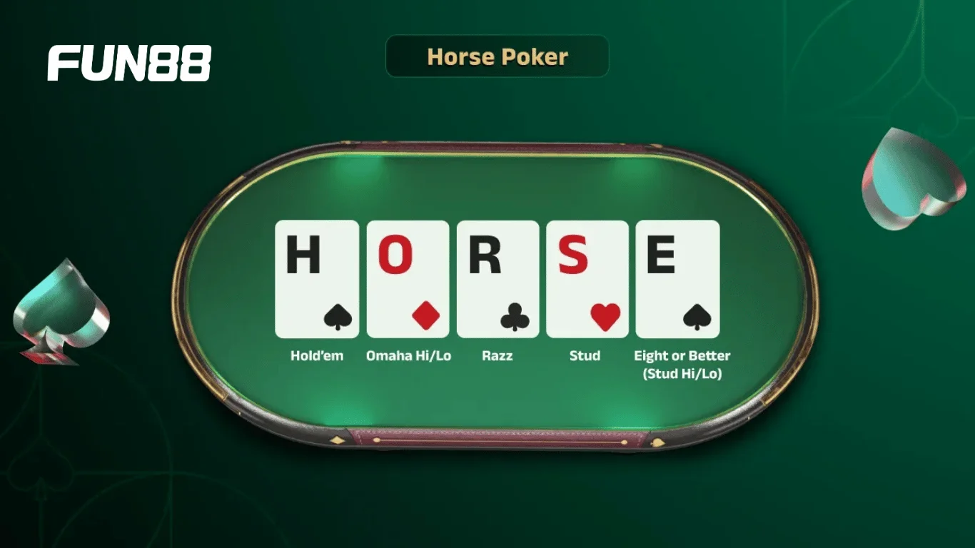 HORSE là dạng kết hợp giữa 5 loại Poker phổ biến là Hold’em, Omaha Hi-Lo, Razz, Stud, và Stud Eight or Better